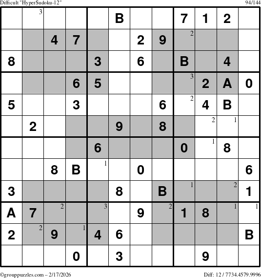 The grouppuzzles.com Difficult HyperSudoku-12 puzzle for Tuesday February 17, 2026 with the first 3 steps marked