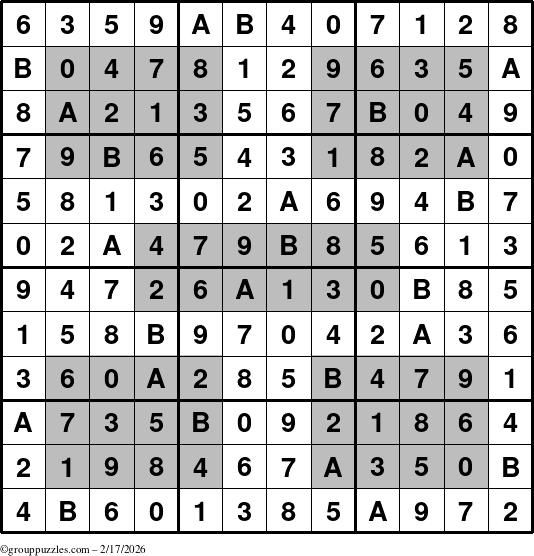 The grouppuzzles.com Answer grid for the HyperSudoku-12 puzzle for Tuesday February 17, 2026