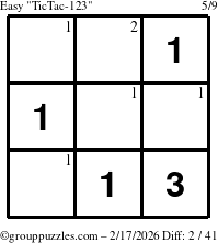 The grouppuzzles.com Easy TicTac-123 puzzle for Tuesday February 17, 2026 with the first 2 steps marked