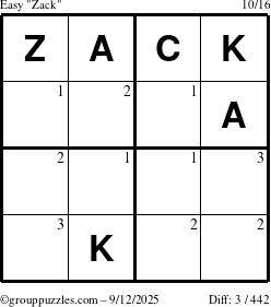 The grouppuzzles.com Easy Zack puzzle for Friday September 12, 2025 with the first 3 steps marked