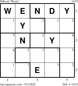 The grouppuzzles.com Difficult Wendy puzzle for Friday September 12, 2025, suitable for printing, with all 4 steps marked