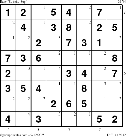 The grouppuzzles.com Easy Sudoku-8up puzzle for Friday September 12, 2025, suitable for printing, with all 4 steps marked