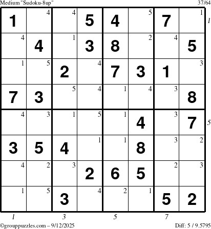 The grouppuzzles.com Medium Sudoku-8up puzzle for Friday September 12, 2025, suitable for printing, with all 5 steps marked
