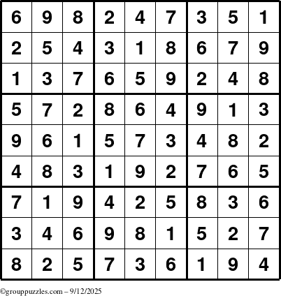 The grouppuzzles.com Answer grid for the Sudoku puzzle for Friday September 12, 2025