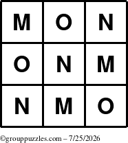 The grouppuzzles.com Answer grid for the TicTac-MNO puzzle for Saturday July 25, 2026