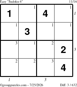 The grouppuzzles.com Easy Sudoku-4 puzzle for Saturday July 25, 2026 with all 3 steps marked