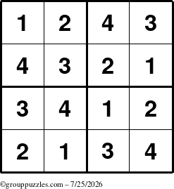 The grouppuzzles.com Answer grid for the Sudoku-4 puzzle for Saturday July 25, 2026