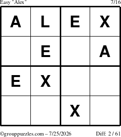 The grouppuzzles.com Easy Alex puzzle for Saturday July 25, 2026