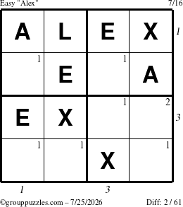 The grouppuzzles.com Easy Alex puzzle for Saturday July 25, 2026, suitable for printing, with all 2 steps marked