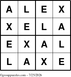 The grouppuzzles.com Answer grid for the Alex puzzle for Saturday July 25, 2026