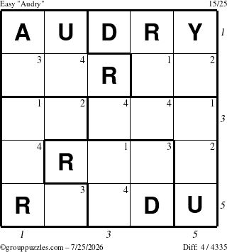 The grouppuzzles.com Easy Audry puzzle for Saturday July 25, 2026 with all 4 steps marked
