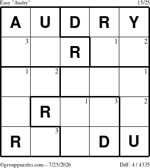 The grouppuzzles.com Easy Audry puzzle for Saturday July 25, 2026 with the first 3 steps marked