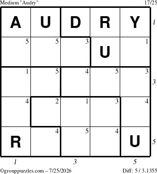 The grouppuzzles.com Medium Audry puzzle for Saturday July 25, 2026 with all 5 steps marked