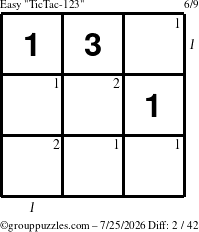 The grouppuzzles.com Easy TicTac-123 puzzle for Saturday July 25, 2026, suitable for printing, with all 2 steps marked