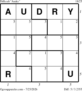 The grouppuzzles.com Difficult Audry puzzle for Saturday July 25, 2026 with all 5 steps marked