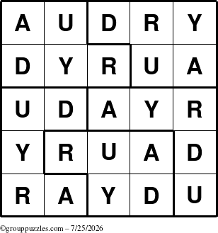 The grouppuzzles.com Answer grid for the Audry puzzle for Saturday July 25, 2026