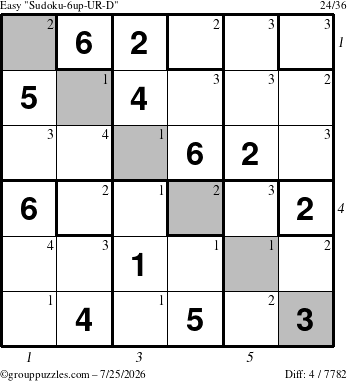 The grouppuzzles.com Easy Sudoku-6up-UR-D puzzle for Saturday July 25, 2026 with all 4 steps marked