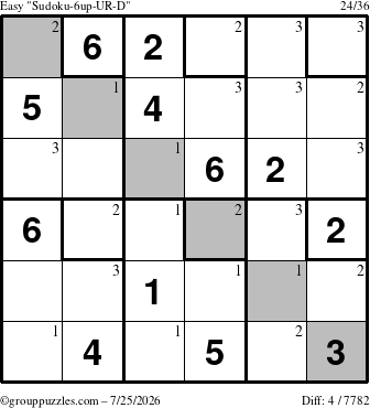 The grouppuzzles.com Easy Sudoku-6up-UR-D puzzle for Saturday July 25, 2026 with the first 3 steps marked