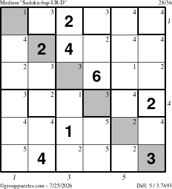 The grouppuzzles.com Medium Sudoku-6up-UR-D puzzle for Saturday July 25, 2026, suitable for printing, with all 5 steps marked