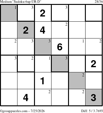 The grouppuzzles.com Medium Sudoku-6up-UR-D puzzle for Saturday July 25, 2026 with the first 3 steps marked