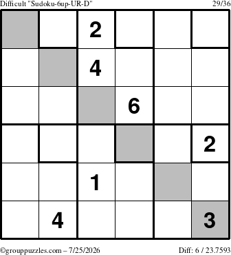 The grouppuzzles.com Difficult Sudoku-6up-UR-D puzzle for Saturday July 25, 2026