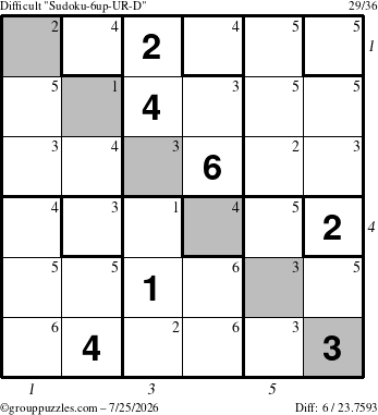 The grouppuzzles.com Difficult Sudoku-6up-UR-D puzzle for Saturday July 25, 2026 with all 6 steps marked