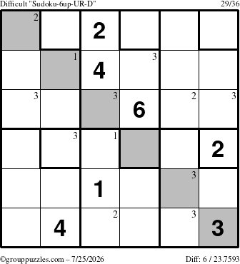The grouppuzzles.com Difficult Sudoku-6up-UR-D puzzle for Saturday July 25, 2026 with the first 3 steps marked