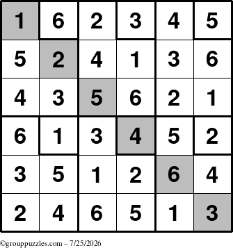 The grouppuzzles.com Answer grid for the Sudoku-6up-UR-D puzzle for Saturday July 25, 2026