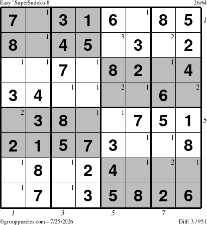 The grouppuzzles.com Easy SuperSudoku-8 puzzle for Saturday July 25, 2026 with all 3 steps marked