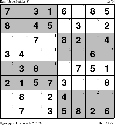 The grouppuzzles.com Easy SuperSudoku-8 puzzle for Saturday July 25, 2026 with the first 3 steps marked