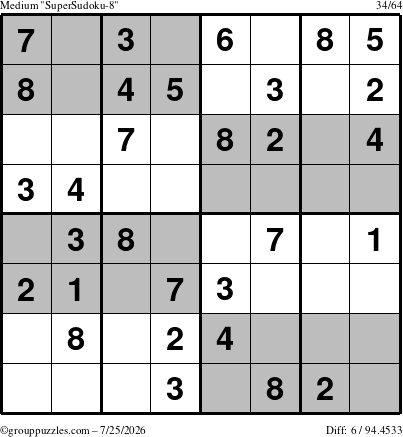 The grouppuzzles.com Medium SuperSudoku-8 puzzle for Saturday July 25, 2026