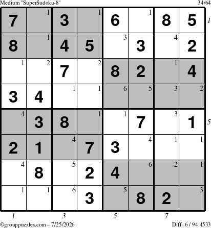 The grouppuzzles.com Medium SuperSudoku-8 puzzle for Saturday July 25, 2026, suitable for printing, with all 6 steps marked