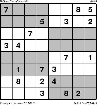 The grouppuzzles.com Difficult SuperSudoku-8 puzzle for Saturday July 25, 2026