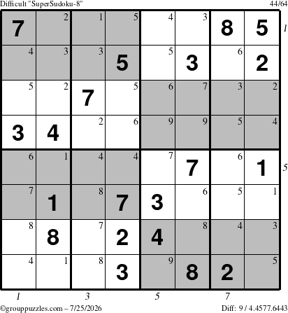 The grouppuzzles.com Difficult SuperSudoku-8 puzzle for Saturday July 25, 2026 with all 9 steps marked