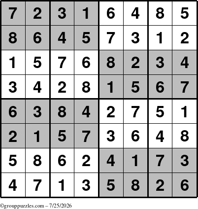 The grouppuzzles.com Answer grid for the SuperSudoku-8 puzzle for Saturday July 25, 2026