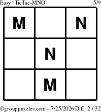 The grouppuzzles.com Easy TicTac-MNO puzzle for Saturday July 25, 2026