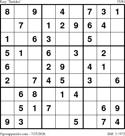The grouppuzzles.com Easy Sudoku puzzle for Saturday July 25, 2026