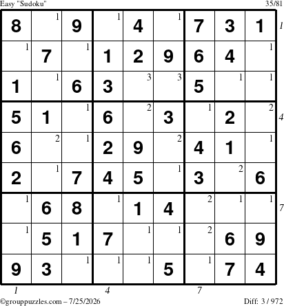 The grouppuzzles.com Easy Sudoku puzzle for Saturday July 25, 2026, suitable for printing, with all 3 steps marked