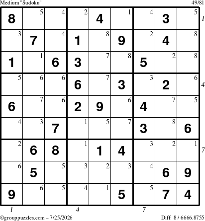 The grouppuzzles.com Medium Sudoku puzzle for Saturday July 25, 2026 with all 8 steps marked