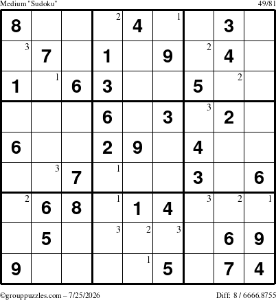 The grouppuzzles.com Medium Sudoku puzzle for Saturday July 25, 2026 with the first 3 steps marked