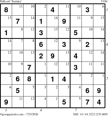 The grouppuzzles.com Difficult Sudoku puzzle for Saturday July 25, 2026 with all 14 steps marked