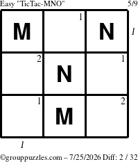 The grouppuzzles.com Easy TicTac-MNO puzzle for Saturday July 25, 2026 with all 2 steps marked