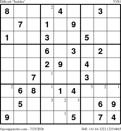 The grouppuzzles.com Difficult Sudoku puzzle for Saturday July 25, 2026 with the first 3 steps marked