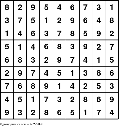 The grouppuzzles.com Answer grid for the Sudoku puzzle for Saturday July 25, 2026