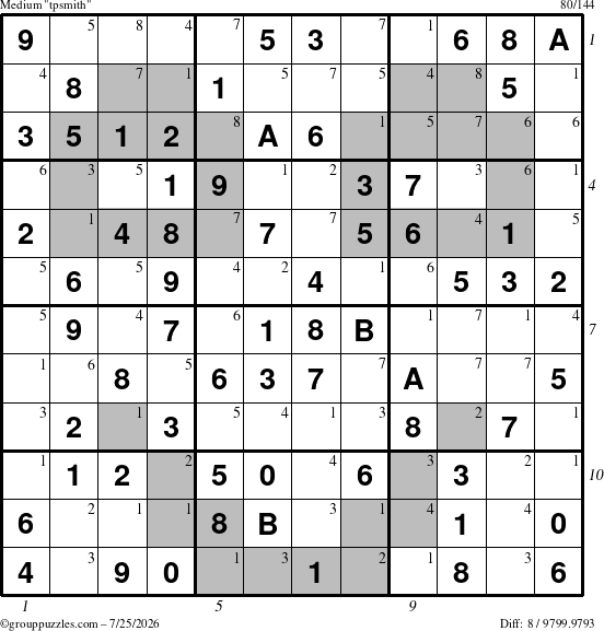 The grouppuzzles.com Medium tpsmith puzzle for Saturday July 25, 2026, suitable for printing, with all 8 steps marked