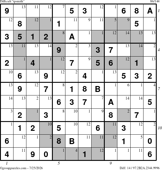 The grouppuzzles.com Difficult tpsmith puzzle for Saturday July 25, 2026 with all 14 steps marked