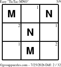 The grouppuzzles.com Easy TicTac-MNO puzzle for Saturday July 25, 2026 with the first 2 steps marked