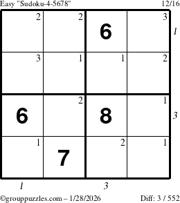 The grouppuzzles.com Easy Sudoku-4-5678 puzzle for Wednesday January 28, 2026 with all 3 steps marked
