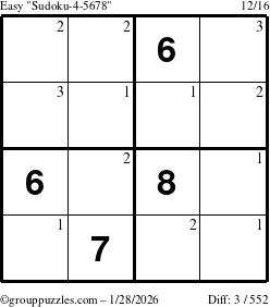 The grouppuzzles.com Easy Sudoku-4-5678 puzzle for Wednesday January 28, 2026 with the first 3 steps marked