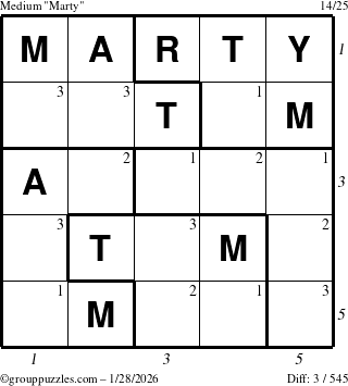 The grouppuzzles.com Medium Marty puzzle for Wednesday January 28, 2026, suitable for printing, with all 3 steps marked